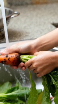 Vertical video: Washing hands holding carrot and white root under faucet stream for cooking