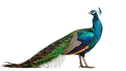 Naklejka premium Beautiful peacock displaying its vibrant and iridescent blue and green feathers