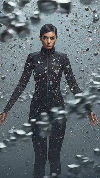 Vertical video: Posing model in black suit holding still in studio effect lifting shards for shoot