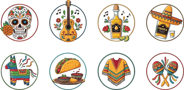 Mexican Culture Icons Set with Sugar Skull, Guitar, Tequila, Sombrero, Pi&ntilde;ata, Taco, Poncho and Maracas for Fiesta, Cinco de Mayo, Day of the Dead and Travel Designs