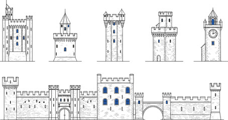 Medieval Castle Tower and Fortress Elements Set with Turrets, Battlements, Clock Tower, Gatehouse, Arched Entrance and Full Castle Wall Silhouette for Fantasy, History, Architecture and Game Designs © Fahim