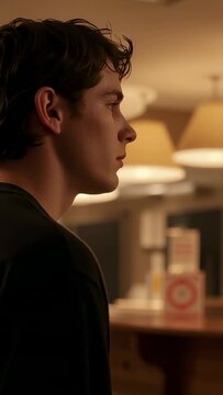 Vertical video: Raising man in dark top after quiet pause focusing gaze at wood counter under lamps