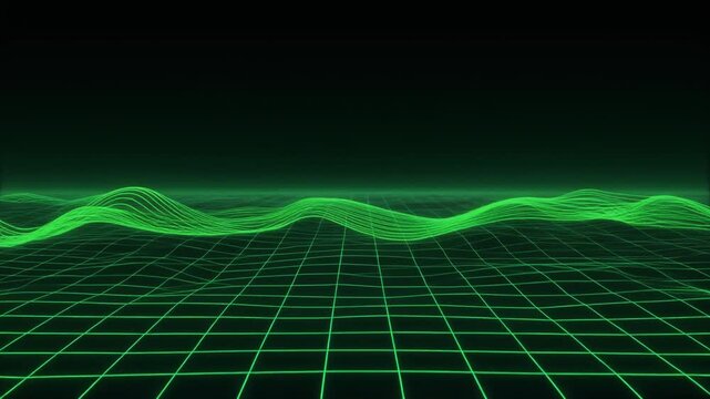 Abstract green wireframe grid and undulating wave pattern motion background