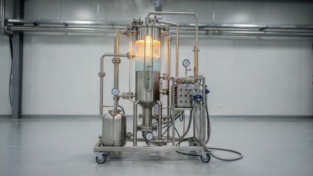 Medium shot of a batch closedloop solvent recovery skid showing the distillation column actively separating solvents for efficient reuse in processing.