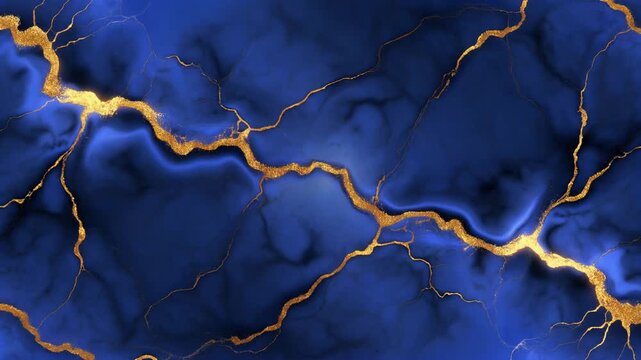 Abstract dark blue texture with shimmering gold liquid cracks