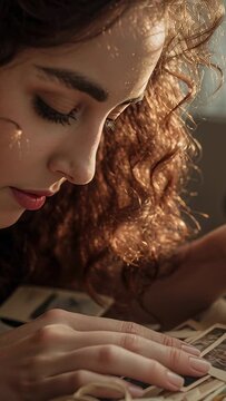 Woman leaning over tabletop, lifting instant print and crying while sorting prints for photography