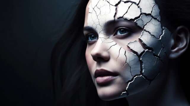 Surreal fantasy dark cracked face woman portrait with emotional mysterious profile, cracked skin texture, fragile beauty decay, dramatic lighting and conceptual art mood