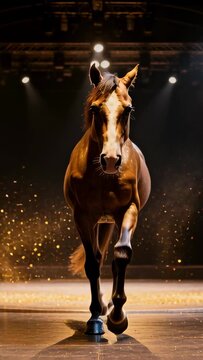 Vertical video: Lighting cueing bay horse walking toward lens on platform, boots catching gold