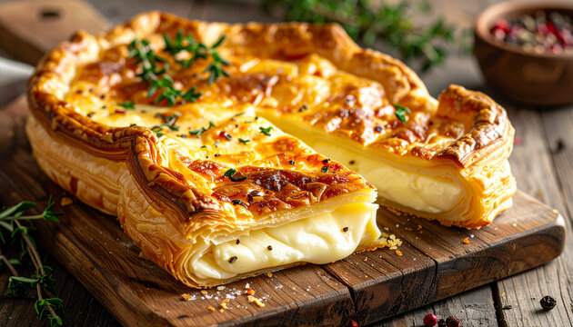 Baked brie in puff pastry with melted center on rustic board