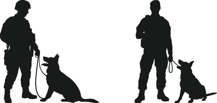 Black Silhouette of Military Soldier and Service Dog Illustration Isolated on White Background for K9 Security and Army Hero Concepts