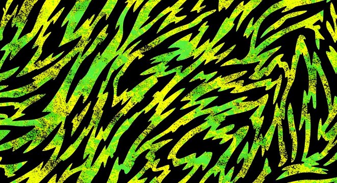 Neon green and yellow abstract tiger stripes. Grunge wild animal print texture. Black zigzag shapes creating a vibrant energetic background pattern.