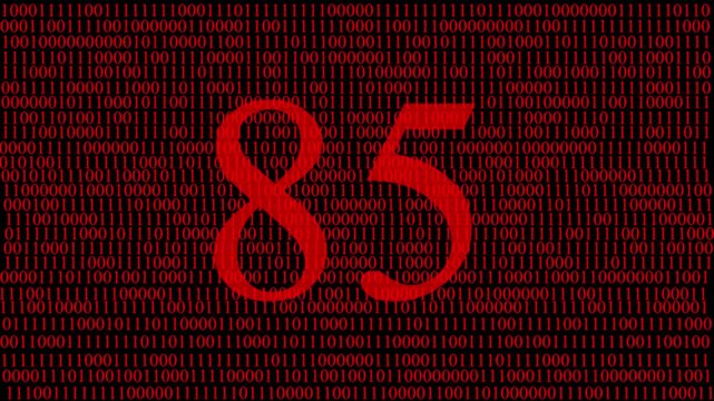 Abstract digital matrix background with red numbers data stream and hidden red number 85 ,pattern, futuristic artificial intelligence technology concept, cyber data code visualization and big data.
