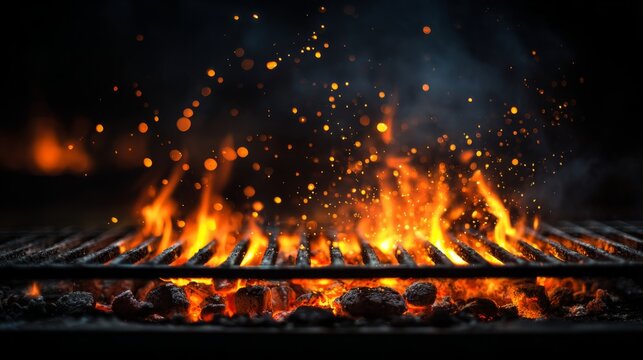Glowing charcoal barbecue grill with fire sparks and flames dramatic cooking heat background