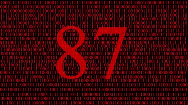 Abstract digital matrix background with red numbers data stream and hidden red number 87 ,pattern, futuristic artificial intelligence technology concept, cyber data code visualization and big data.