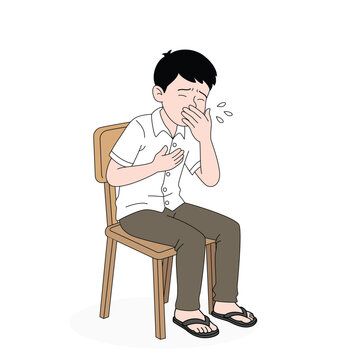 Boy Sneezing While Sitting on Chair &ndash; Cold, Flu or Cough Symptom Illustration