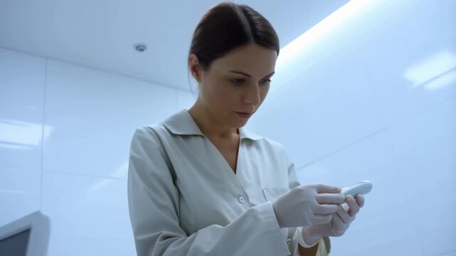 Close-up of a female caucasian health worker in a white uniform and medical gloves using a pulse oximeter on a patient in a bright clinic. Concept of modern healthcare and medical diagnostics