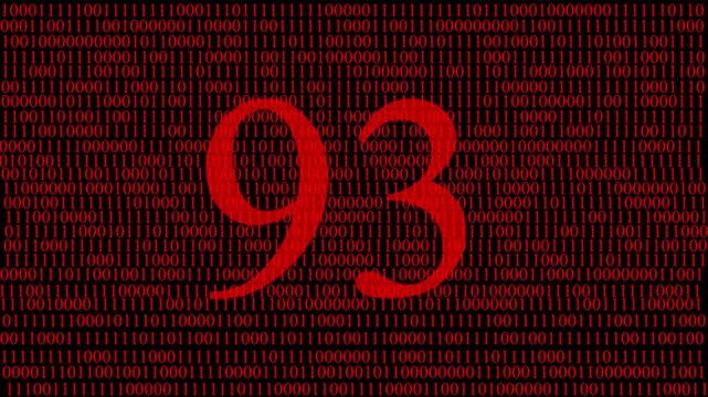 Abstract digital matrix background with red numbers data stream and hidden red number 93 ,pattern, futuristic artificial intelligence technology concept, cyber data code visualization and big data.