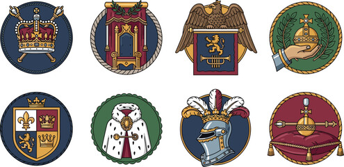 Medieval Kingdom Icon Set Featuring Royal Crown Scepter Golden Throne Heraldic Lion Shield Sword and Fleur De Lis Symbols for History Projects and Game Design © MstRakha
