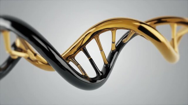 Abstract rendering of intertwining black and gold DNA strands