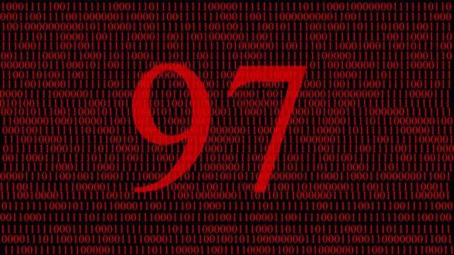 Abstract digital matrix background with red numbers data stream and hidden red number 97 ,pattern, futuristic artificial intelligence technology concept, cyber data code visualization and big data.