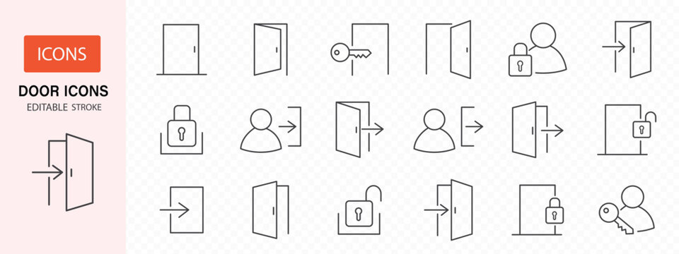 Door icons big set. Open door icons. Open, close and ajar door, login, logout, register, password, vip entrance, key, lock, exit and more. Editable stroke. Vector illustration