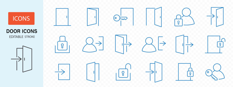 Door icons big set. Open door icons. Open, close and ajar door, login, logout, register, password, vip entrance, key, lock, exit and more. Editable stroke. Vector illustration