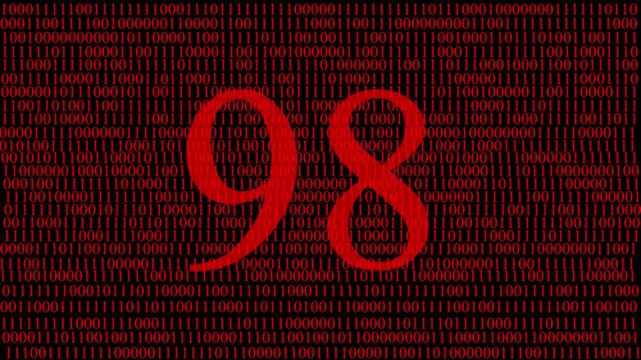 Abstract digital matrix background with red numbers data stream and hidden red number 98 ,pattern, futuristic artificial intelligence technology concept, cyber data code visualization and big data.