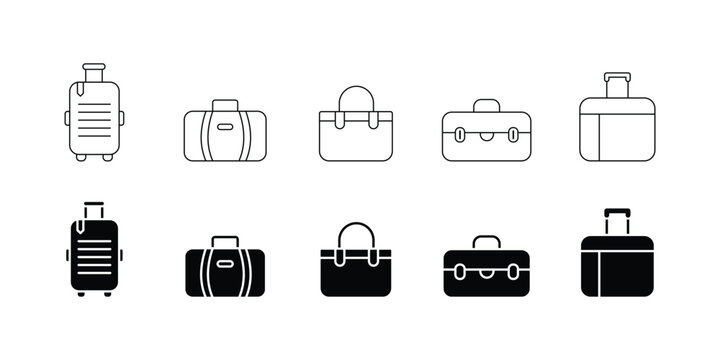 Travel Luggage Bag Icon Set  Suitcase, Handbag, Trolley Bag, Briefcase and Travel Bag Solid Black Vector Silhouette Icons for Tourism, Vacation and Transportation Design.eps10