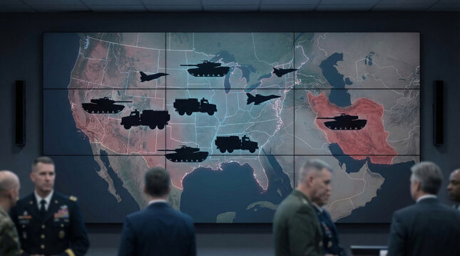 Military personnel discussing strategy in command center with large digital map displaying military assets and regions of interest. Concept of geopolitical rivalry, Middle East conflict