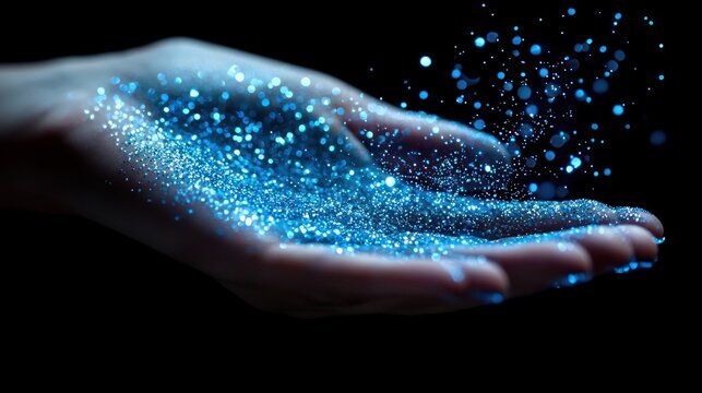 Hand holding sparkling dust on a dark background