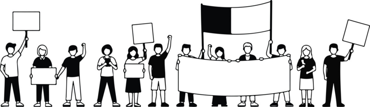 Vector illustration of people holding signs, banner and placards on a protest demonstration or picket. People against violence, pollution, discrimination, human rights violation