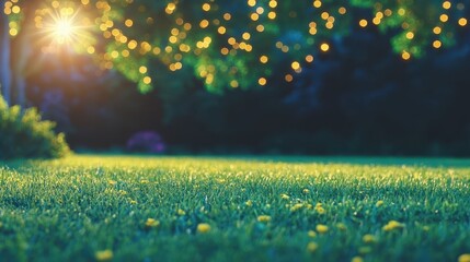 Fototapeta premium Golden hour sunbeams filter through bokeh lights onto a lush green lawn
