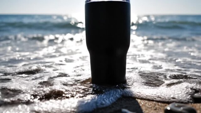 A dark, opaque thermos stood tall on the sun-kissed sandy beach, bravely facing the gentle, foaming waves. The sparkling sunlight reflected brightly off the water.