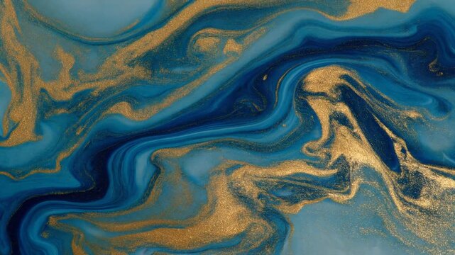 Abstract background of liquid gold dust particles flowing in blue paint