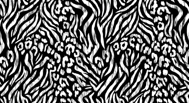 Abstract black and white tiger and leopard skin pattern. Exotic wildlife texture and jungle fashion backdrop. Seamless monochrome animal fur print for textile and fabric design