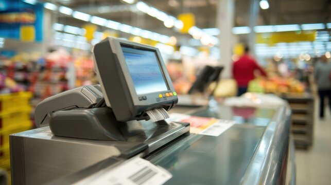 Supermarket checkout pos terminal printing receipt at grocery store counter for retail payment, receipt printing and background design for website and advertising