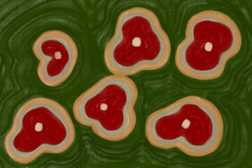 Naklejka premium Shapes of red and orange on a green background show abstract art