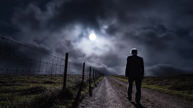 A lone person in a suit walks a dark dirt road under cloudy night sky. A bright light illuminates the path and a barbed wire fence. This scene evokes solitude, challenge, and a difficult journey.