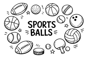 Fototapeta premium Sports balls icons set in black and white doodle hand drawn style with football, basketball, baseball and volleyball