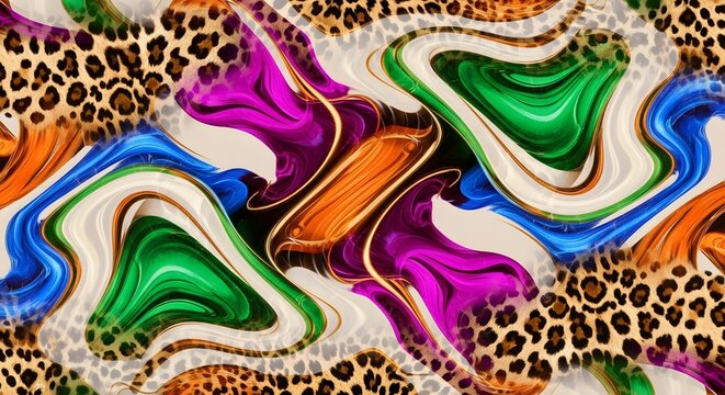 Abstract liquid swirl with leopard spots and vibrant colors. Psychedelic marble texture and artistic fashion backdrop. Fluid paint mixing with exotic animal fur pattern elements