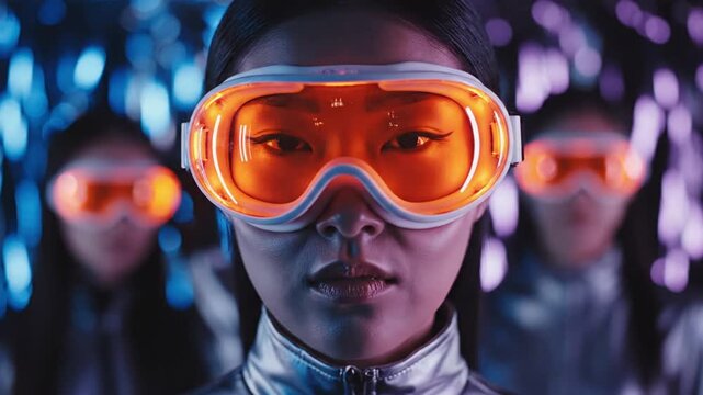 Close-up Portrait of a Person Wearing Futuristic Glowing Orange Eyewear and Neon Visor, High-Tech Sci-Fi Headset with Luminous Digital Interfaces on a Dark Background