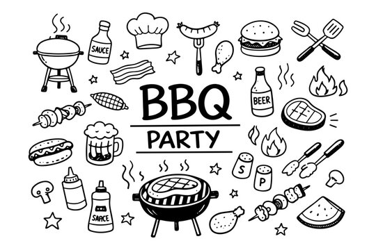 Bbq grill icons set in black and white doodle hand drawn style with barbecue food and cooking elements