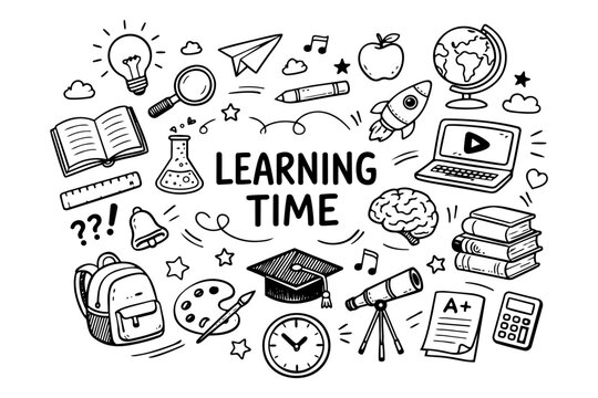 Learning icons set in black and white doodle hand drawn style with education school and study elements