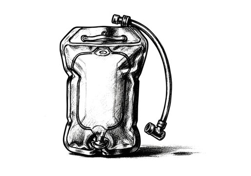 Hand-drawn sketch of a hydration bladder with a tube and mouthpiece for outdoor activities