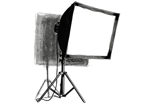 Sketch of a professional studio softbox light on a tripod with a textured background