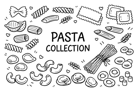 Pasta varieties doodle illustration in black and white hand drawn outline style with italian macaroni and noodle shapes