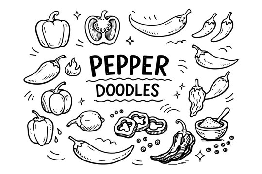 Peppers doodle illustration in black and white hand drawn outline style with chili pepper, bell pepper and spicy seasoning elements