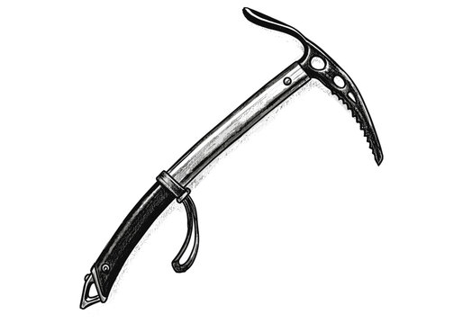Detailed illustration of a modern ice axe with a black grip and metal shaft on a white background
