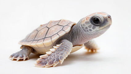 Obraz premium Tiny Sea Turtle Hatchling on White Background, Close-up