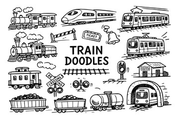 Naklejka premium Train doodles illustration in black and white hand drawn outline style with railway transport, station and travel elements